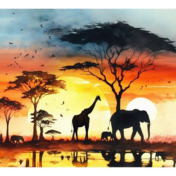4x6 African Safari Watercolor Oil Painting Print Sunset Landscape Majestic - Picture 2 of 5